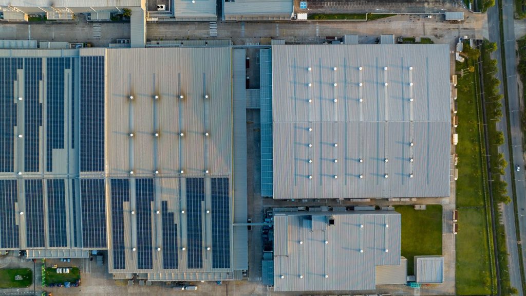 factory rooftop with solar panels